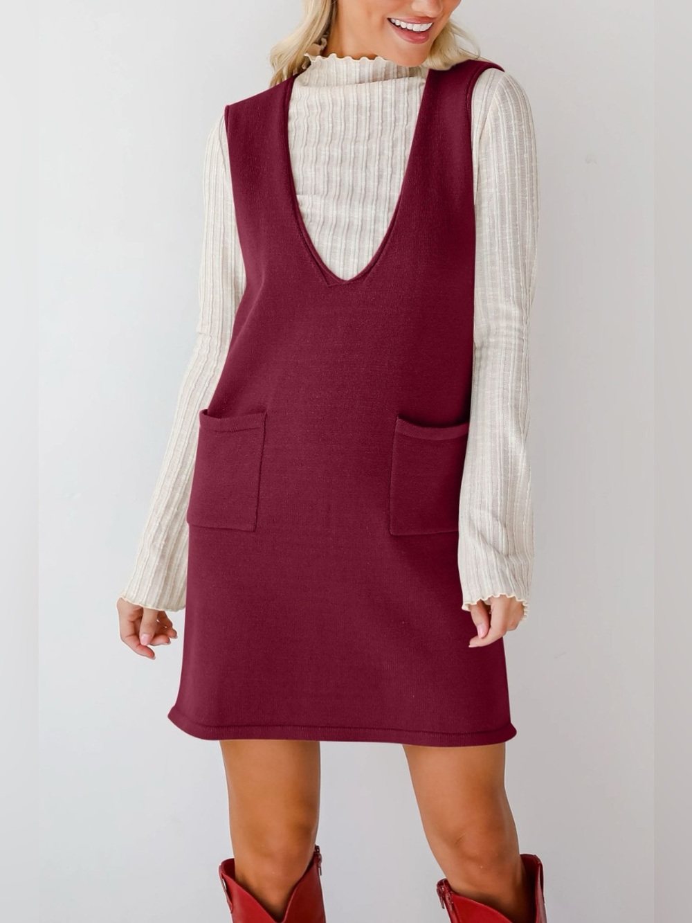 Lovelet Pocketed V-Neck Mini Sweater Overall Dress - Picture 1 of 16